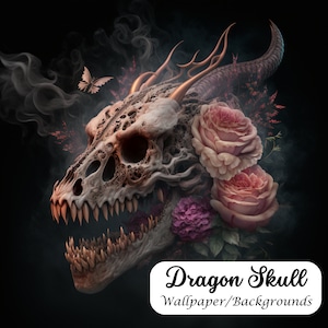 Dragon Skull With Flowers, Art Print, Wallpaper, Background, Poster, Digital Download