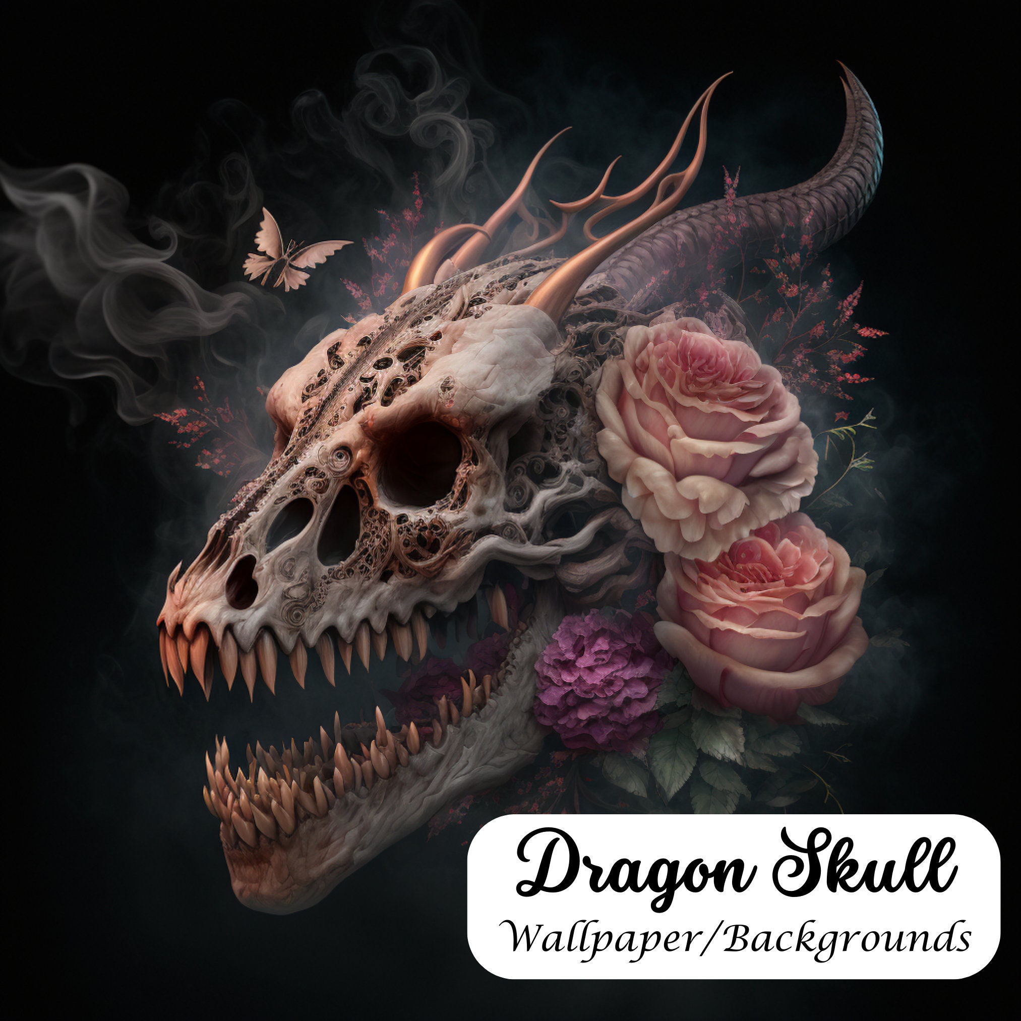 Dragon Skull With Flowers, Art Print, Wallpaper, Background