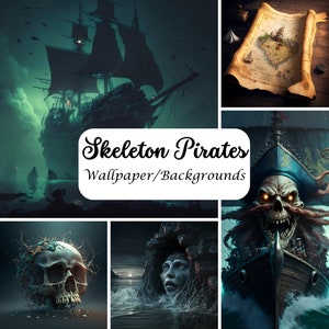 Skeleton Pirates, Wallpaper, Backgrounds, Art Prints, 5 Pack, Digital Download