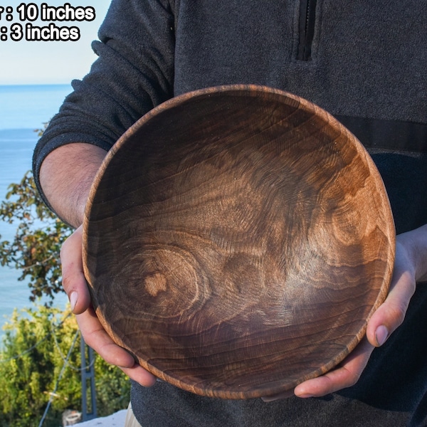 Large Walnut Wood Round Bowl | 10" 12" 15" Natural Handmade Wooden Bowl | Mid Century Modern Wooden Bowl for Salads or Fruits | Carving Bowl