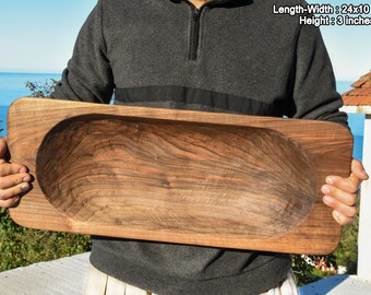 Walnut Hand Carved Handle Dough Bowls | Large Handmade Wooden Dough Bowl | Walnut Primitive Wood Bowl | Farmhouse Bread Bowl | Custom Bowl