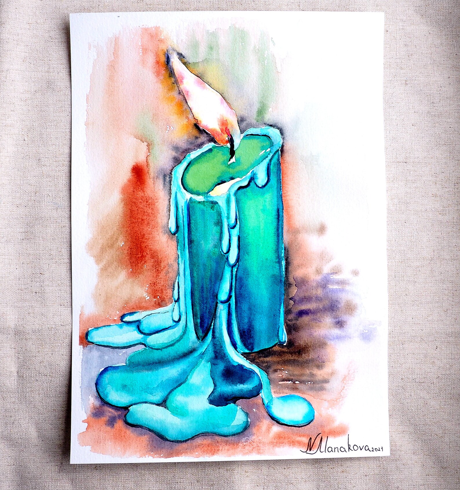 Lighted candle original watercolor painting flaming candle Etsy