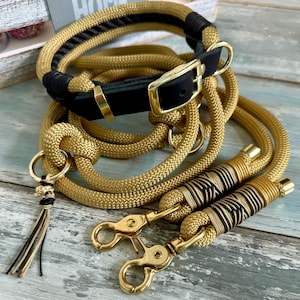 Dog Leash & Collar Set Black Gold – Personalized, Adjustable, 10 mm Rope, Brass Fittings, Custom Leather Collar