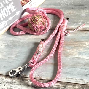 Può includere: Guinzaglio rosa per cani con moschettone argentato e dettagli decorativi abbinati. Il guinzaglio è realizzato in un materiale di corda spessa e intrecciata. Un piccolo ciondolo a forma di cuore pende dal guinzaglio. È presente anche una palla floreale decorativa.