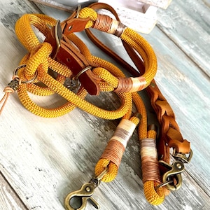Rope leash with braided leather hand loop and rope collar set – customizable