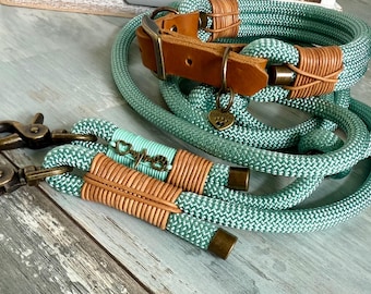 Rope leash and collar set, leather buckle, adjustable, personalized for large and small dogs