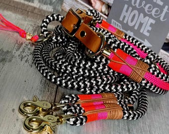 Dog leash and collar set, leather buckle, adjustable, customizable