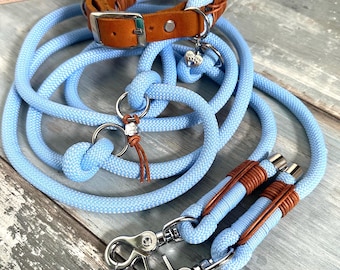Rope leash and collar set for large and small dogs, polar blue and silver, adjustable
