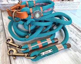 Rope leash and collar set, leather buckle, adjustable, personalized for small dogs