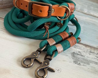Nytt! Justerbart repkoppel och halsband, skogsgrön, antikmässing