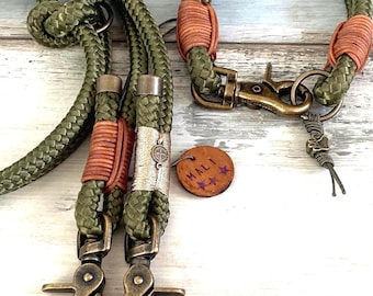 Dog leash and rope collar olive antique brass adjustable for large and small dogs personalized leather tag