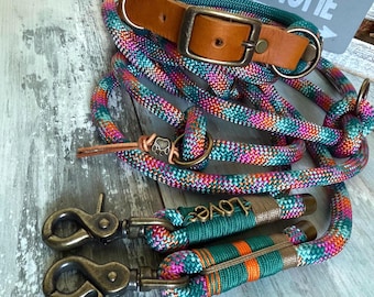 Rope leash and collar set, leather buckle, adjustable, personalized for small dogs