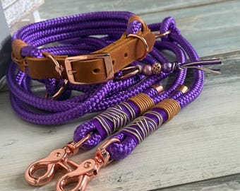 Rope leash and collar set for large and small dogs, rose gold, purple, adjustable