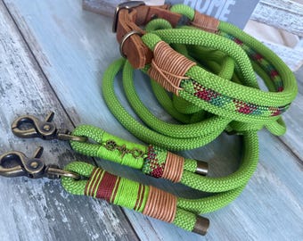 Dog leash and collar made of rope and leather adjustable personalized
