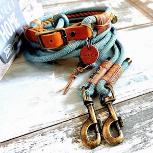 New! Rope leash and collar set Turquoise & Fox Orange Fusion leather buckle adjustable