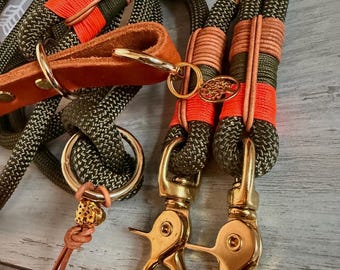 Wide martingale collar with rope leash, custom-made, olive