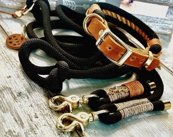 Elegant dog leash and collar set, black rope leather with brass details, customizable