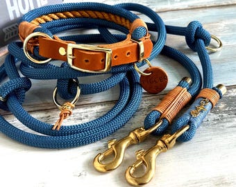 Dog leash and collar set, rope leather buckle, petrol brass, adjustable, personalized
