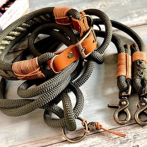 Rope leash and collar set for large and small dogs, olive cognac antique brass, adjustable