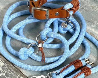 Rope leash and collar set for large and small dogs, polar blue and silver, adjustable