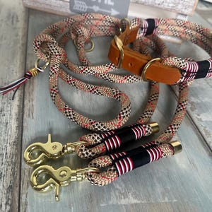 Rope leash and collar Tartan Beige brass adjustable