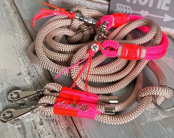 Rope leash and collar set "Flamingo" for very small dogs, adjustable and customizable