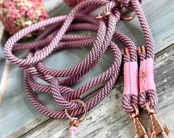 Rope leash for small dogs with rose gold fittings