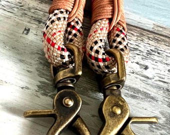 Rope dog leash Tartan Beige Antique Brass adjustable