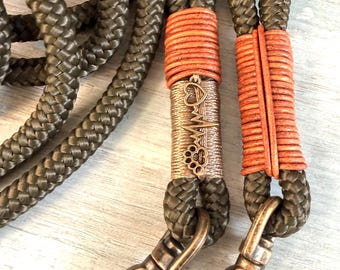 Handmade rope dog leash PPM antique brass adjustable Army Green