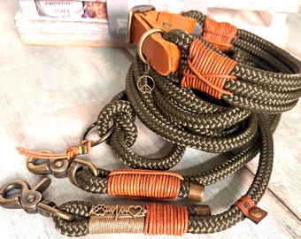 New! Rope leash and collar set Army Green for large and small dogs with leather and buckle adjustable personalized