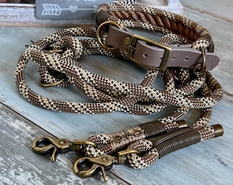 Adjustable rope leash and collar set, antique brass, for large and small dogs, personalized