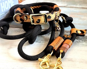 Conjunto de correa y collar, estampado de leopardo, cuero, latón, para perros grandes y medianos