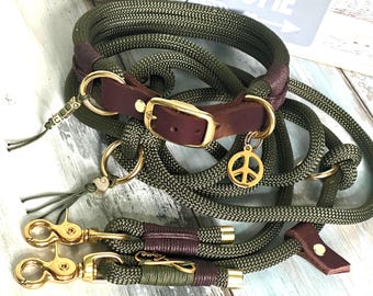 Dog leash and dog collar made of rope and leather, olive green, brass, adjustable