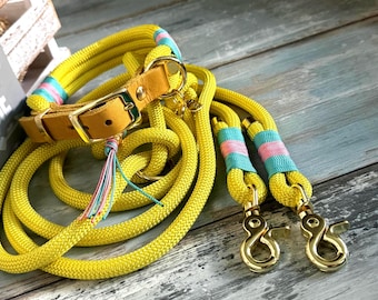 New! Rope leash and collar yellow brass leather buckle adjustable personalized