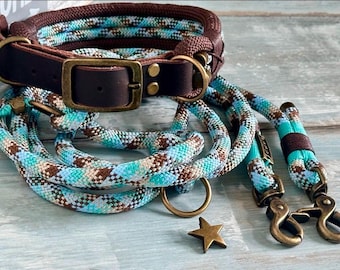 Adjustable rope leash and collar set, antique brass, for large dogs, personalized