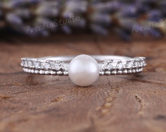 Akoya Pearl Engagement Ring Vintage White Gold Pearl Bridal Ring Art Deco Cluster Moissanite/Diamond Wedding Ring Anniversary Gift For Her