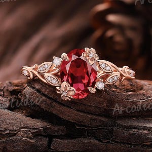 Vintage Ruby Engagement Ring Gold Ring Oval Shaped Dainty Ruby Wedding Ring Floral Ring  Cluster Diamond Wedding Ring Promise Rings For Her