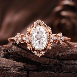Vintage Oval Shaped Moissanite Engagement Ring Rose Gold Floral Wedding Ring Art Deco Diamond Wedding Rings For Women Anniversary Gift