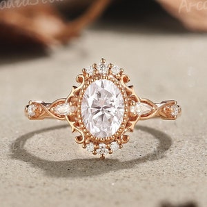 Vintage Oval Cut Moissanite Engagement Ring Diamond Wedding Ring Rose Gold Ring Vine Ring Moissanite Milgrain Promise Ring Gifts For Women