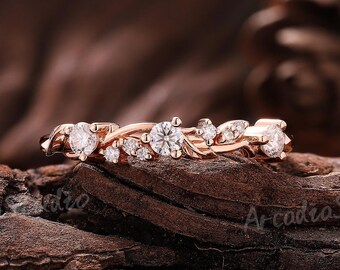 Anillo de bodas de diamantes único, anillo de oro, anillo de hoja, anillo apilable, anillo de rama de diamantes en racimo, anillo de eternidad art déco, regalo de aniversario para ella
