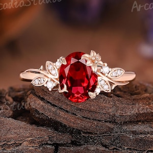 Natur inspiriert Oval Rubin Verlobungsring Einzigartige Fee Blumen Brautringe für Frauen Moissanite Blatt Ring Benutzerdefiniertes Geschenk für sie Handgemacht