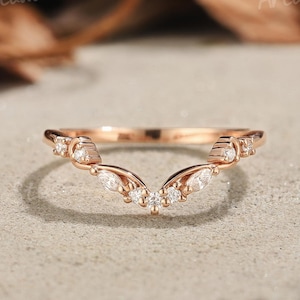 Unique Moissanite Wedding Band Solid Gold Moissanite Curved Marquise Ring Cluster Diamond Stacking Ring Personalized Rings For Women Gift
