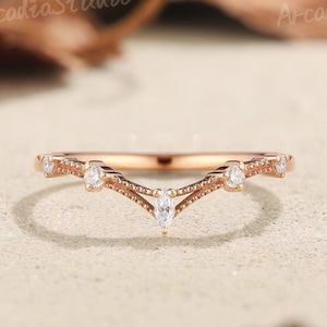 Art Deco Moissanite Wedding Band Unique Rose Gold Moissanite Wedding Ring Vintage Milgrain Ring Diamond Ring Anniversary Gifts For Women