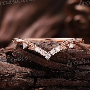 Unique Diamond Wedding Band Gold Rings Moissanite Curved Stacking Ring Leaf Wedding Ring Matching Ring Custom Ring Anniversary Gift For Her