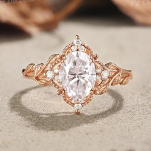 Unique Moissanite Engagement Ring Rose Gold Ring Oval Shaped Moissanite Floral Weddding Ring Anniversary Ring Promise Ring Gifts For Her