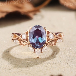 Vintage Alexandrite Engagement Ring Set Unique Moon Design Solid Gold Ring Moissanite Leaf Curved Wedding Ring Anniversary Rings For Women