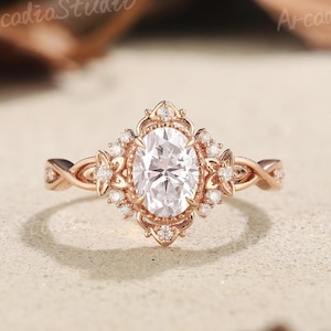 Unique Moissanite Flower Engagement Ring Solid Gold Wedding Band Vintage Diamond Wedding Ring Milgrain Ring Anniversary Rings Gift For Women