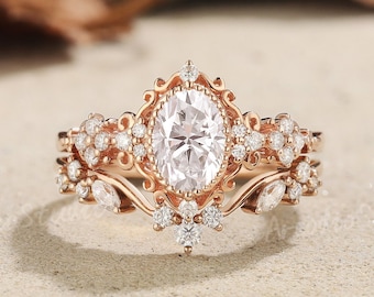 Conjunto de anillo de compromiso de moissanita único, anillo floral, conjunto de anillo de oro rosa, conjunto de anillo de boda con forma de hoja, anillo de diamantes, anillo de racimo, anillo de flores para mujer