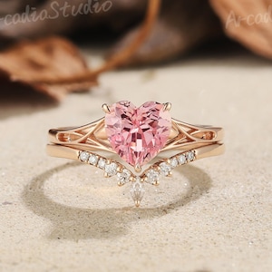 Art Deco Rosa Saphir Verlobungsring Set Moissanit Gebogener Ehering Einzigartiger Diamant Ehering Jahrestag Personalisierte Geschenke