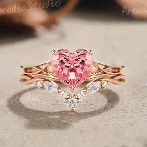 Einzigartige Herz rosa Saphir Verlobungsring Set Art Deco Moissanit Ring Vintage Diamant gebogen Ehering Hochzeitsring Set Geschenke für Sie